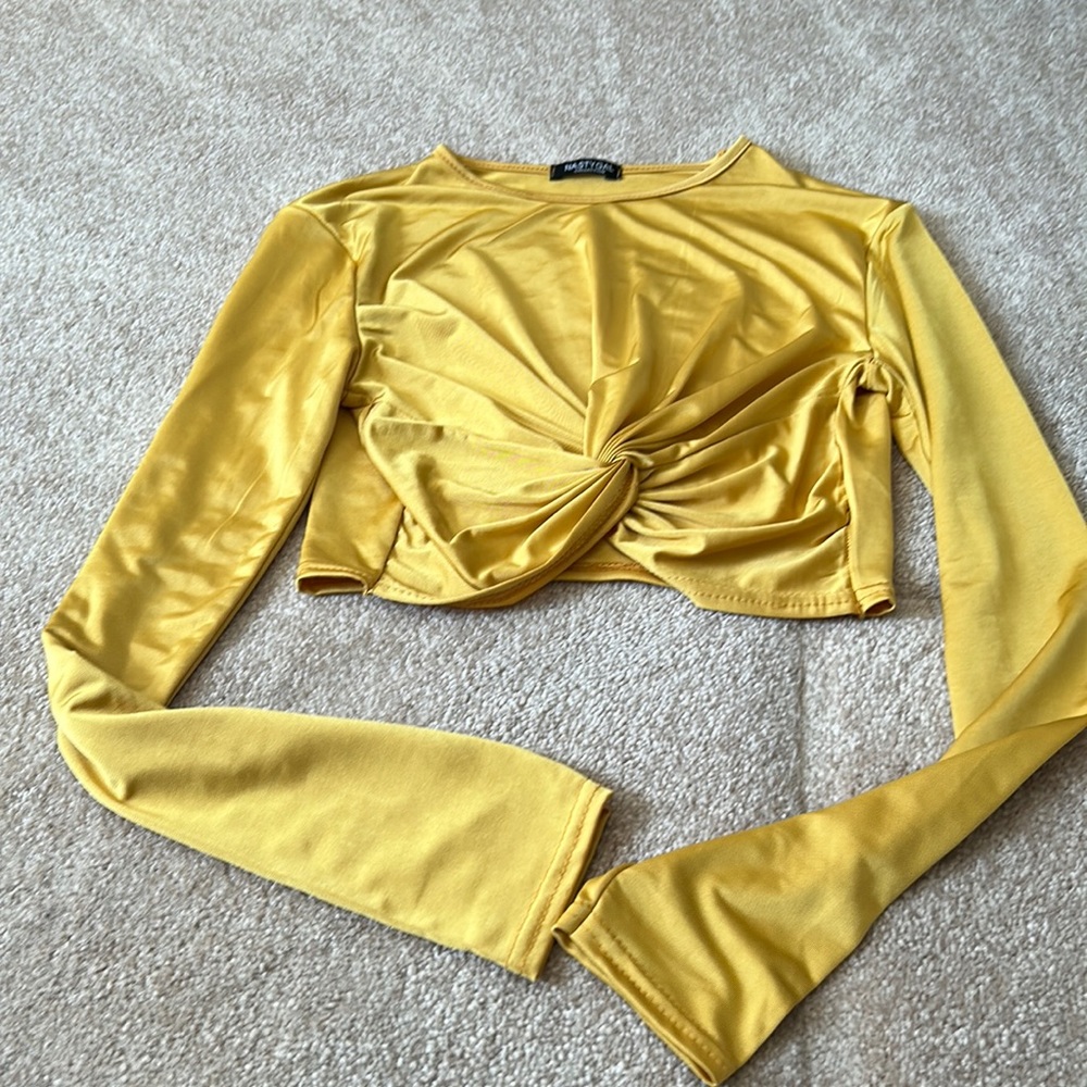 Nasty Gal Yellow Twist-Front Long Sleeve Crop Top